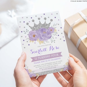 Crown Princess Birthday Invitation, Purple Silver Party Invite, Lavender Floral Royal Baby Girl Printable Download EDITABLE TEMPLATE FLO18JS