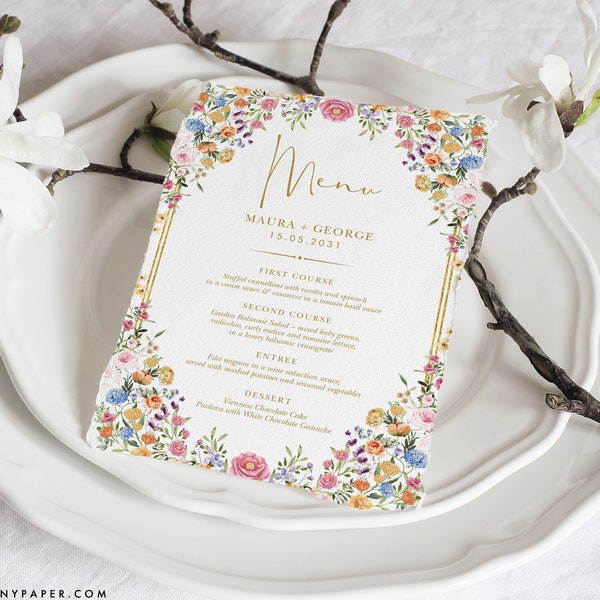 MODIFIABLE coloré fleur sauvage Menu modèle jardin fleurs mariage Menu carte imprimable Boho printemps Floral douche nuptiale Téléchargement instantané FLO2