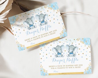 Twin Boys Elephant Diaper Raffle Card Blue Gold Elephant Baby Shower Printable Little Men Bowtie Jungle Elephant INSTANT DOWNLOAD, EL6