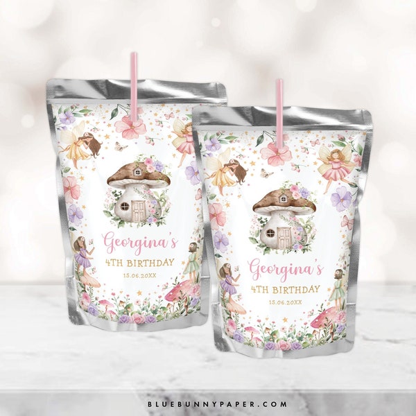 Bearbeitbare Fairy Juice Pouch Labels Verzauberte Geburtstagsgeschenke Magische Blumen Fee Prinzessin Party Juice Pouch Label Instant Download FA4