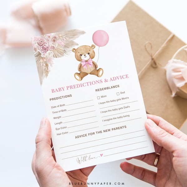 Girl Teddy Bear Predictions & Advice Baby Shower Game, Advice for Parents, Boho Dusty Pink Floral We Can Bearly Wait Instant Download, BR12