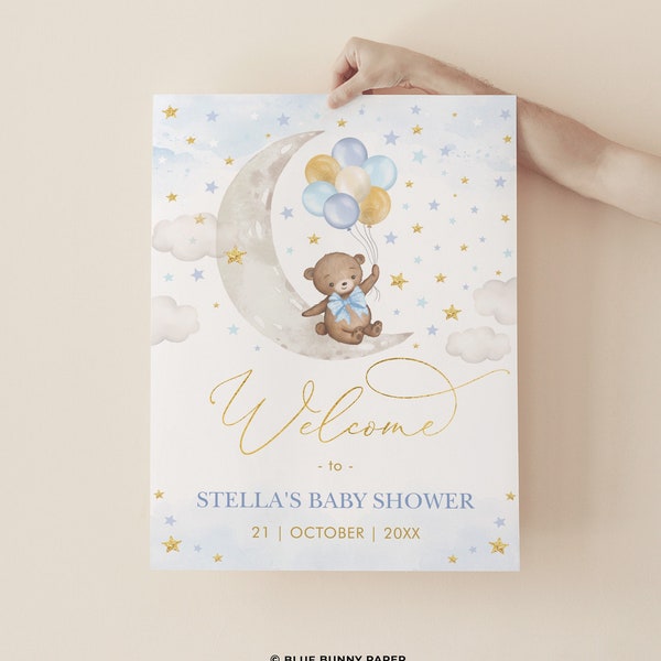 Teddy Bear Balloon Baby Shower Welcome Sign Blue Gold Moon and Stars Party Decorations Baby Boy Editable Template Instant Download BR8