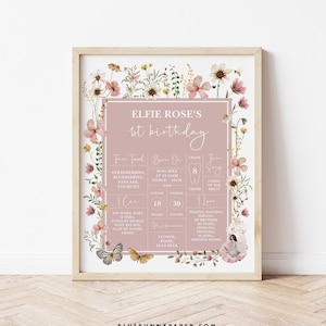 Tablero de hitos del primer cumpleaños del hada editable, letrero de pizarra del primer cumpleaños del hada de las flores silvestres, descarga del póster del primer cumpleaños encantado, FA5