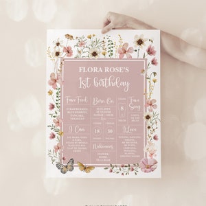 Placa de marco de primeiro aniversário editável de flores silvestres Dusty Pink Boho primeiro aniversário Chalboard Sign Muted Blush Garden pôster de primeiro aniversário FLO32