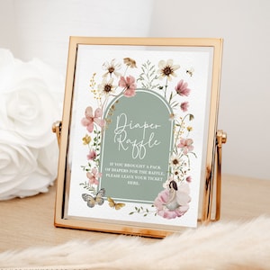 Fairy Baby Shower Diaper Raffle Sign, Sage Green Wildflower Fairy Table Sign, Dusty Pink Muted Blush Decorations, Instant Download, FA5