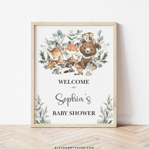 Boho Woodland Baby Shower Signo de bienvenida Plantilla editable Greenery Forest Animals DIY Party Decor Decoración imprimible Género Neutral FOR4