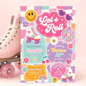 Könnte beinhalten: Ein hellrosa Rollschuh neben einer rechteckigen Geburtstagseinladung mit kariertem Hintergrund, einem gelben Smiley, herzförmiger Sonnenbrille, einer Discokugel und dem Text Let's Roll, Scarlett is turning 8, October 25th.