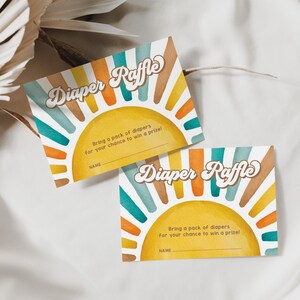 Bearbeitbare Sunshine Windel Tombola Ticket Here Comes the Son Boy Baby Shower Retro Groovy Boho Ray of Sonshine Printable Corjl Template SN1