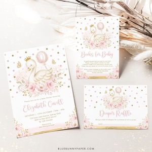 Schwanenprinzessin Baby Shower Einladung Bundle Rosa Ballon Schwan Vorlagen Bücher für Baby Windel Verlosung EDITIERBARE Instant Download Set, SWAN5