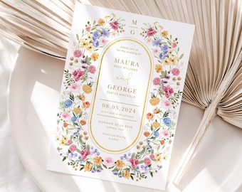 Modèle d'invitation de mariage de fleurs de jardin, invitation de mariage de fleurs sauvages, téléchargement éditable élégant imprimable floral de ressort coloré, FLO2