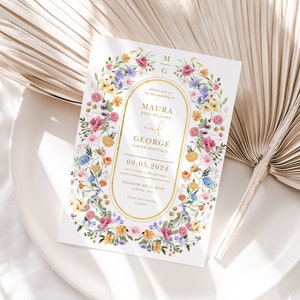 Garden Flowers Wedding Invitation Template, Wildflower Wedding Invite, Colorful Spring Floral Printable Elegant EDITABLE Download, FLO2