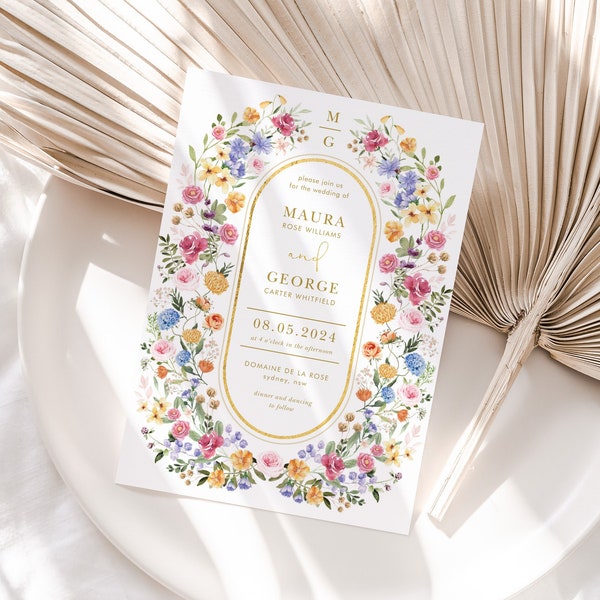 Garden Flowers Wedding Invitation Template, Wildflower Wedding Invite, Colorful Spring Floral Printable Elegant EDITABLE Download, FLO2