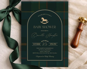 Luxury Moody Green Plaid Equestrian Baby Shower Invitation, Rocking Horse Editable Template Download, EQ1