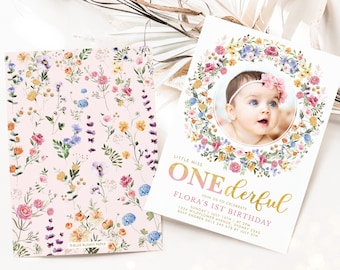 DIY Editable Floral First Birthday Invitation Template Colorful Wildflower Little Miss Onederful Garden Party Invite Printable Download FLO2