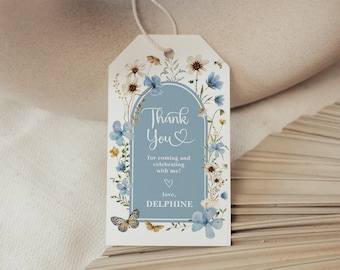 Modelo de etiqueta de lembrança de flor silvestre azul empoeirada Boho Boy Baby in Bloom Shower Obrigado favores festa de primeiro aniversário MODELO EDITÁVEL Baixar FLO46