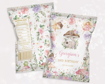 Editable Fairy Birthday Party Chip Bags Whimsical Enchanted One Magical Floral Fairy Princess Party Chip Bag Favors Instant Download FA4