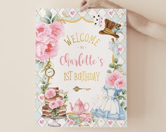 Alice in Wonderland Welcome Sign Blue Pink Gold Mad Hatter Onederland Birthday Tea Party Decor Baby Shower EDITABLE TEMPLATE Download AL3