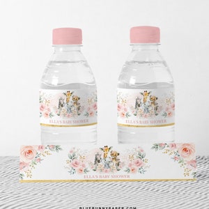 Blush Safari Bouteille d'eau Étiquette Jungle Animaux Baby Shower Favorise Rose Floral Sauvage Un 1er Anniversaire Faveurs MODÈLE MODIFIABLE, SAF8