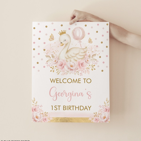 Swan Princess Birthday Welcome Sign Editable Template Pink Gold Balloon Girl Birthday Party Swan Printable Corjl Instant Download SWAN5