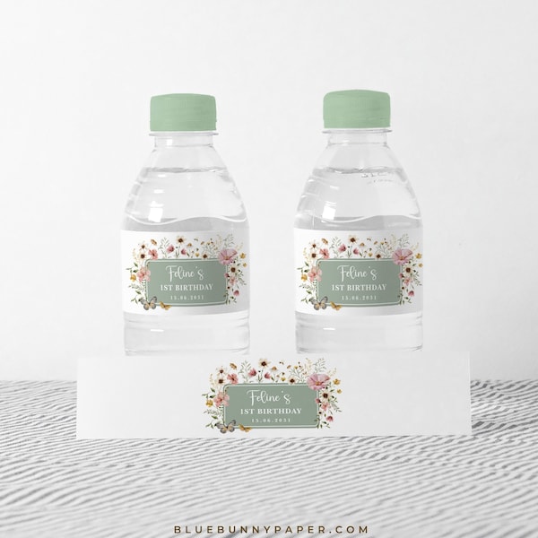 Sage Green Wildflower Water Bottle Label Boho Birthday Favors Muted Blush Floral Baby Shower Tea EDITABLE TEMPLATE Instant Download, FLO32