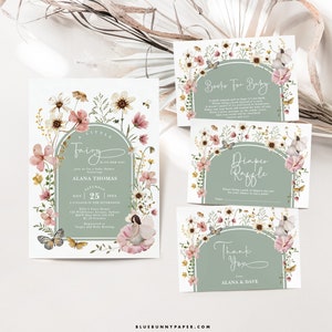 Fee Baby Shower Einladung Bundle Sage Grün Pink Wildblumen Fee Baby Girl Invite Paket Garten Windel Verlosung Editierbare Vorlagen, FA5