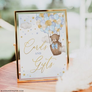 Kaarten en geschenken Party Sign Blauw Goud Teddybeer Ballon Babyshower of Verjaardag Afdrukbaar Teken We Can Bearly Wait Sign INSTANT DOWNLOAD BR8