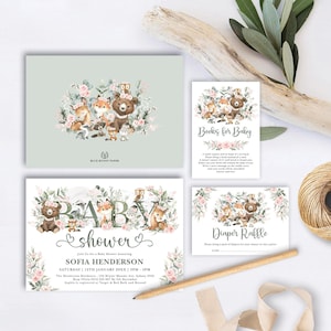 EDITIERBARE Rosa Blumen Wald Baby Shower Einladung Bundle Blush Eukalyptus Wald Tiere Bücher für Baby Mädchen Windel Verlosung Download FOR6