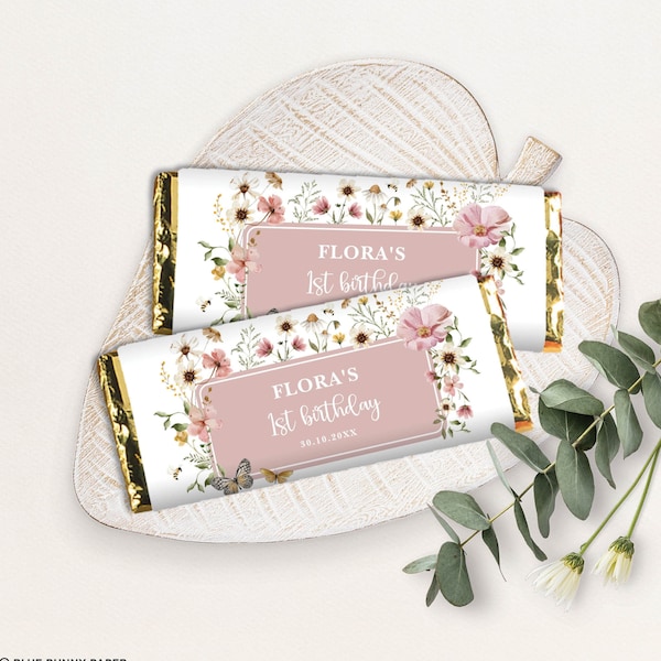 Wildflower Chocolate Wrapper, Dusty Pink Boho Floral Birthday Candy Bar Labels, Boho Garden Baby Shower Favors EDITABLE TEMPLATE, FLO32