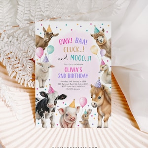 Bauernhof Tiere Geburtstag Einladung Mädchen Barnyard Bash Party Einladen Rosa Lila Türkis Luftballons Konfetti Ranch Kinder EDITIERBARE VORLAGE FARM3