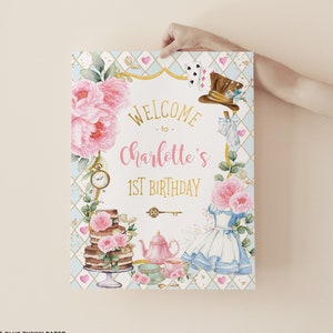 Alice in Wonderland Welcome Sign Blue Pink Gold Mad Hatter Onederland Birthday Tea Party Decor Baby Shower EDITABLE TEMPLATE Download AL3