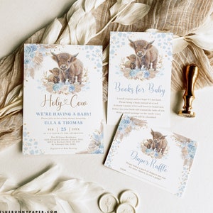 Holy Cow Baby Shower Invitation Bundle, Boho Cow Baby Boy Invite Set, Demande de livre Blue Pampas, Tirage au sort de couches, MODÈLES MODIFIABLES, CW3