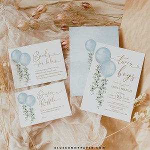 Twin Boy blauwe ballonnen baby shower uitnodiging bundel eucalyptus groen boeken voor babykaart luier loterij BEWERKBARE afdrukbare download BL1