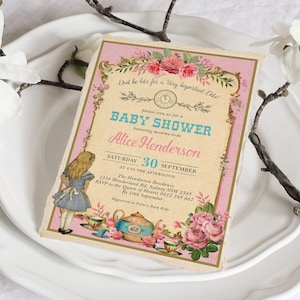 Vintage Alice in Wonderland Baby Shower Invitation, Editable Mad Hatter Tea Party Invite, Pink Floral High Tea Baby Girl Template, AL2