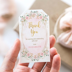 Blush Pink Floral Favor Tag, Girl Baby Shower Thank You Tags, Watercolor Roses Birthday EDITABLE TEMPLATE Instant Download, Corjl, FLO40