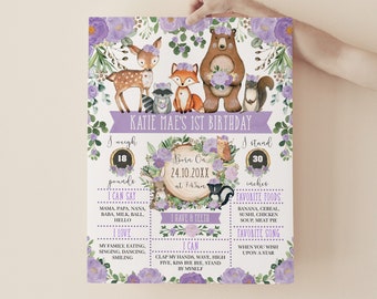 Lavender Floral Woodland Birthday Milestone Poster Purple Girl Forest Animals 1st Birthday Chalkboard Printable EDITABLE TEMPLAT,. WOOD36