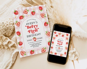 May include: A pink and white gingham patterned invitation with a strawberry design. The invitation reads "Avery's Berry First Birthday" with the date "Saturday 28 September" and the time "At 2 o'clock in the afternoon".