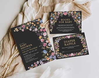 Colorful Wildflower Baby Shower Invitation Bundle Fiesta Flowers Invite Books for Baby Girl Diaper Raffle EDITABLE TEMPLATES Download FLO2