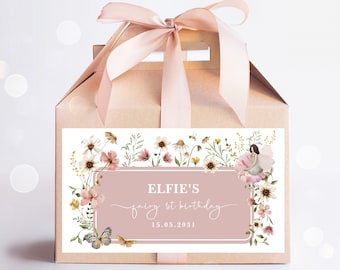 Editable Fairy Birthday Party Favor, Wildflower Fairy Gable Box Label, Enchanted Fairy 1st Birthday Gift Box Label Template Download, FA5