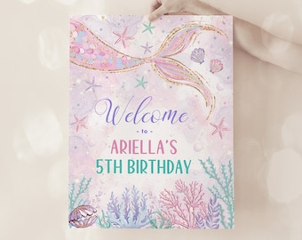 Editable Mermaid Birthday Welcome Sign Under the Sea Party Decor Pink Purple Turquoise Mermaid Birthday EDITABLE TEMPLATE Download MER1