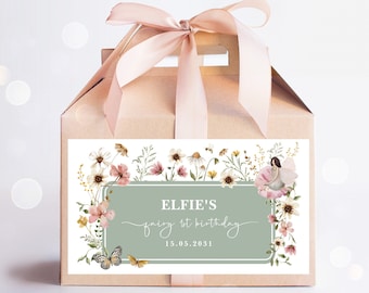 Editable Fairy Birthday Party Favor, Wildflower Fairy Gable Box Label, Enchanted Fairy 1st Birthday Gift Box Label Template Download, FA5