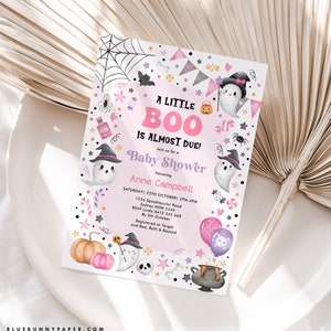 Girl Halloween Baby Shower Invitation A Little Boo Baby Shower Invite Pink Ghost Spooktacular Editable Template Printable Download HL1