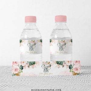 Etykieta na butelkę z wodą w kształcie słonia, boho różowe upominki na baby shower w kształcie słonia, tropikalne liście, mała dekoracja urodzinowa w kształcie orzeszka ziemnego, EDYTOWALNY SZABLON EL1