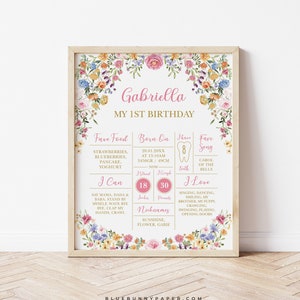 Tableau d’étape du 1er anniversaire de fleurs sauvages colorées modifiables, panneau de tableau de premier anniversaire de fleurs de jardin, téléchargement d’affiche florale de printemps, FLO2