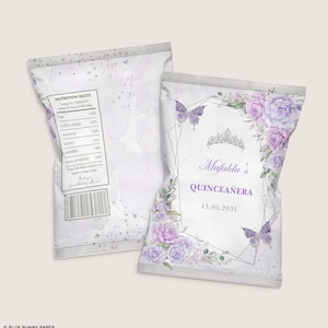 Purple Silver Quinceanera Chip Bag Label Lavender Mis Quince 15 Anos Birthday Party Favors Watercolor Roses EDITABLE Template DOWNLOAD FLO21