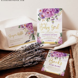 Fioletowy kwiatowy zestaw zaproszeń na baby shower Fioletowy złoty ogród kwiatowy Książki dla dziecka Karta losowanie pieluch EDYTOWALNY Do druku Pobierz FLO39