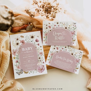 Lot d'invitations pour baby shower fleurs sauvages, lot d'invitations pour bébé fille fard à joues bohème, jardin floral bohème, tirage au sort, modèles modifiables, FLO32