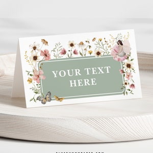 Cartes de place de fée modifiables Sage Green Wildflower Fairy Food Tent Étiquettes Dusty Pink Buffet Tent Cards Girl Baby Shower Téléchargement instantané FA5