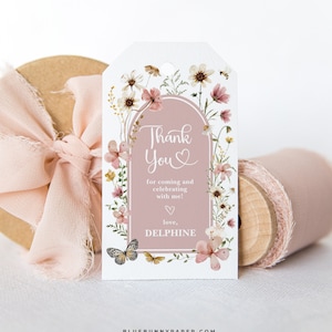 Editable Blush Wildflower Favor Tag Template Boho Pink Baby in Bloom Shower Thank You Favors Miss Onederful Birthday Party Download FLO32 image 1