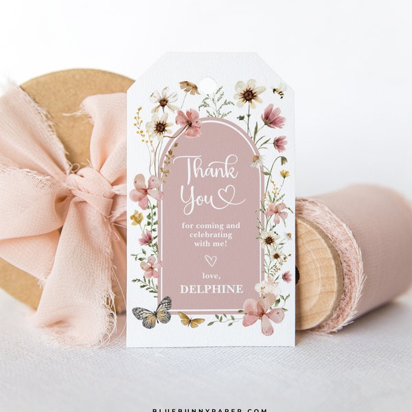 Editable Blush Wildflower Favor Tag Template Boho Pink Baby in Bloom Shower Thank You Favors Miss Onederful Birthday Party Download FLO32