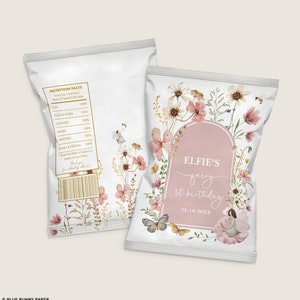 Bearbeitbare Fee Chip Tasche Vorlage, Wildblumen Fee 1. Geburtstag Gastgeschenke, gedämpft Blush verzaubert einen Geburtstag, Instant Download, FA5
